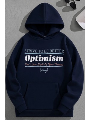Kozz Style Unisex 3 Iplik Pamuklu Lacivert Optimism Baskı Bol Kalıp Sweatshirt Hoodie