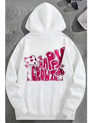 Kozz Style Unisex 3 Iplik Pamuklu Beyaz Happycrowt Baskı Bol Kalıp Sweatshirt Hoodie