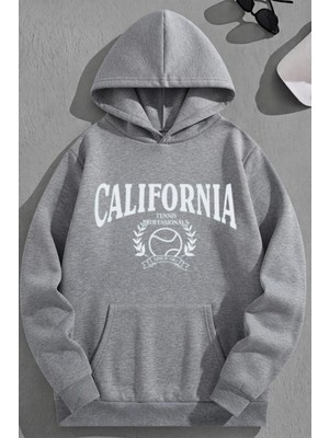 Kozz Style Unisex 3 Iplik Pamuklu Gri Califtennis Baskı Bol Kalıp Sweatshirt Hoodie