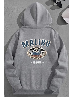 Kozz Style Unisex 3 Iplik Pamuklu Gri Malibu Baskı Bol Kalıp Sweatshirt Hoodie