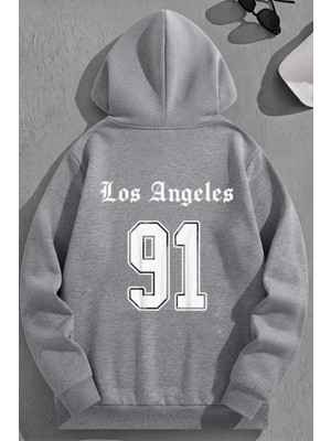 Kozz Style Unisex 3 Iplik Pamuklu Gri LOSANGELES91 Baskı Bol Kalıp Sweatshirt Hoodie