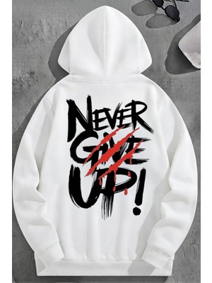 Kozz Style Unisex 3 Iplik Pamuklu Beyaz Nevergiveup Baskı Bol Kalıp Sweatshirt Hoodie