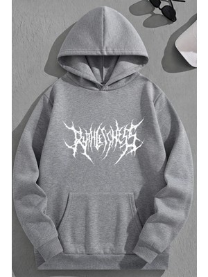 Kozz Style Unisex 3 Iplik Pamuklu Gri Gothicruthles Baskı Bol Kalıp Sweatshirt Hoodie