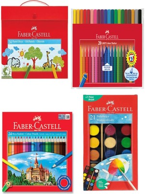 Faber Castell Dörtlü Okul Boyama Seti  24 Renk Kuru Boya + 24 Renk Pastel Boya + 21 Renk Sulu Boya +20 Renk Grip Keçeli Kalem