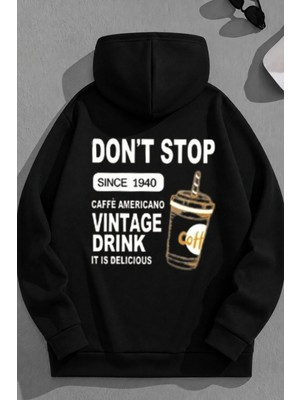 Kozz Style Unisex 3 Iplik Pamuklu Siyah Vintagedrink Baskı Bol Kalıp Sweatshirt Hoodie