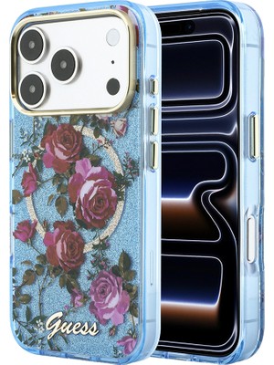 iPhone 18 Pro Max Uyumlu Kılıf Guess Lisanslı M-Safeli Gül Desenli Simli Yazı Logolu Kapak Açık Mavi