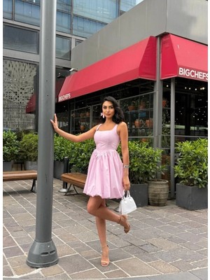 Rosyposy Kadın Pembe Balon Etekli Kare Yaka Mini Elbise