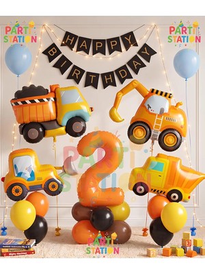 Parti Station Iş Makineleri Inşaat Temalı Turuncu Rakam Balon Set 1 Yaş - 16 Parça Büyük Boy Balonlu Bannerlı Doğum Günü Seti Kepçe Dozer Kamyon Folyo Balon ve Turuncu Rakam Balon Seti