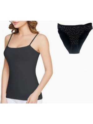 Tutku Kadın Elastan Ip Askılı Siyah Atlet 3'lü Paket & 3'lü Desenli Bikini Yeni Sezon---