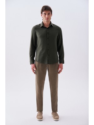 Mudo Erkek Kahverengi Keten Karışımlı Straight Fit Pantolon