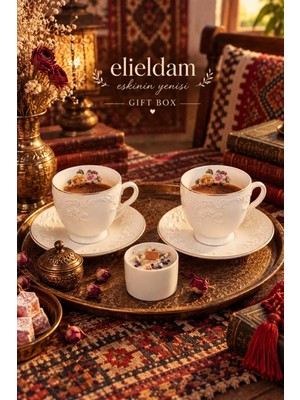 Elieldam Doğum Günü, Özel Gün, Yeni Iş, Yeni Ev Hediyesi Kabartma Desenli Ikili Porselen Fincan ve Ahşap Fitilli Soya Mum Seti