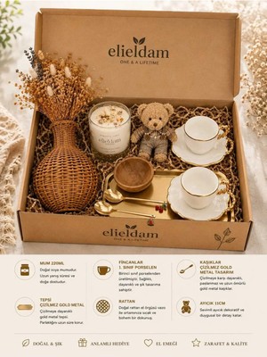 Elieldam Doğum Günü, Özel Gün, Yeni Iş, Yeni Ev Hediyesi Doğal Soya Mum, Porselen Fincan, Gold Tepsi ve Rattan Vazo Seti
