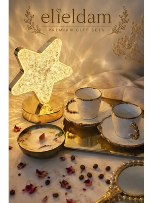 Elieldam Doğum Günü, Özel Gün, Yeni Iş, Yeni Ev Hediyesi Ikili Porselen Fincan, Kristal Yıldız Masa Lambası, Soya Mum ve Altın Tepsi Seti