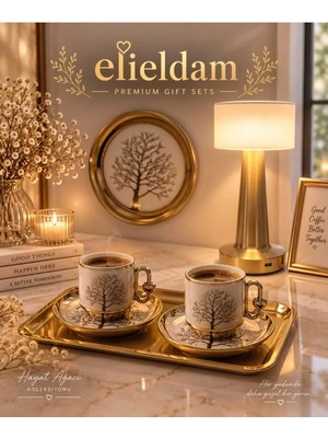 Elieldam Doğum Günü, Özel Gün, Yeni Iş, Yeni Ev Hediyesi Hayat Ağacı Motifli Porselen Fincan ve Masa Lambası Seti