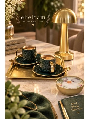 Elieldam Doğum Günü, Özel Gün, Yeni Iş, Yeni Ev Hediyesi Ikili Porselen Fincan, Altın Sunum Tepsisi, Soya Mum ve Masa Lambası Seti