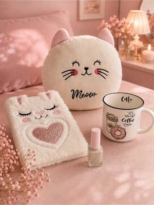 Elieldam Doğum Günü, Özel Gün, Yeni Iş, Yeni Ev Hediyesi Coffee Kupa, Peluş Defter, Kedi Yastık ve Oje Seti