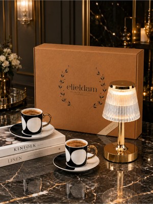 Elieldam Doğum Günü, Yeni Ev, Özel Gün,yeni Iş Hediyesi Şarjlı Dokunmatik Kristal Gold Masa Lambası & 2li Kahve Fincan Takımı Hediye Seti