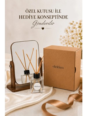 Elieldam Ev Hediyesi - Doğum Günü - Yeni Iş Hediyesi Ahşap Ayaklı Masaüstü Makyaj Aynası Oda Kokuslu 2li Set
