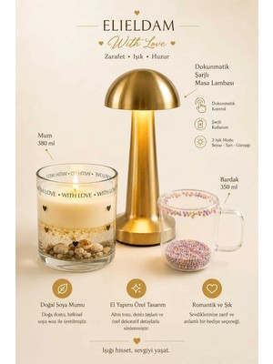 Elieldam Sevgiliye Hediye, Doğum Günü, Özel Gün Hediyesi Dokunmatik Masa Lambası, Soya Wax Mum ve Cam Kupa Hediye Seti