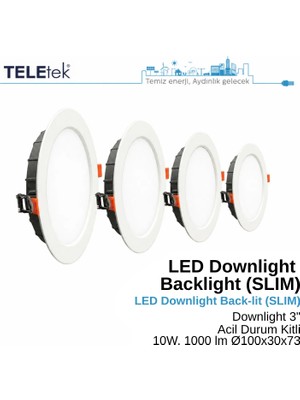 Teletek 10W  Spot Sıva Altı Acil Durum Kitli LED Downlight Backlight Slim Yuvarlak Beyaz Işık  Spot Sıva Altı Panel Armatür , IP44 Ince Kasa Spot Aydınlatma