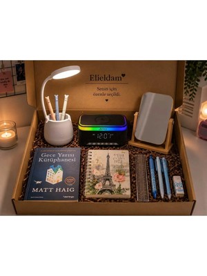 Elieldam Doğum Günü, Özel Gün, Yeni Iş Hediyesi Rgb Alarmlı Saat Hoparlör, Masa Lambası, Ahşap Ayna, Gece Yarısı Kütüphanesi Kitaplı 6'lı Hediye