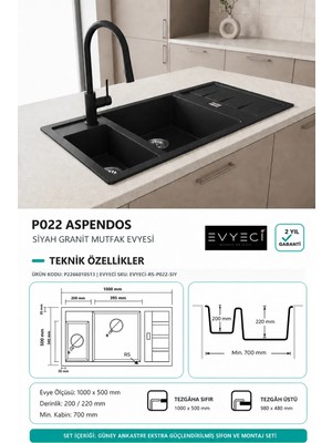 Güney Ankastre Realstone P022 Aspendos 100 × 50 cm Siyah Granit Evye + Güçlendirilmiş Çift Giderli Sifon ve Montaj Seti