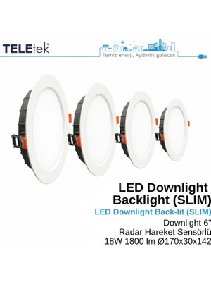 Teletek 18W LED Downlight 6 Radar Hareket Sensörlü Backlight Slim Yuvarlak Beyaz Işık  Spot Sıva Altı Panel Armatür , IP44 Ince Kasa Spot Aydınlatma