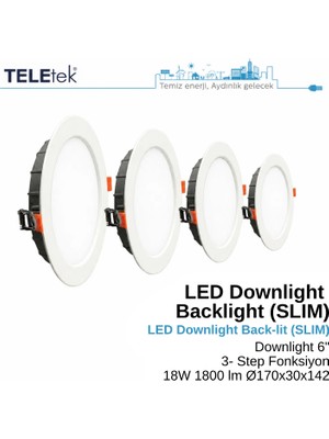 Teletek 18W LED Downlight 6 3 Ayarlı Fonksiyon Backlight Slim Yuvarlak Beyaz Işık  Spot Sıva Altı Panel Armatür , IP44 Ince Kasa Spot Aydınlatma