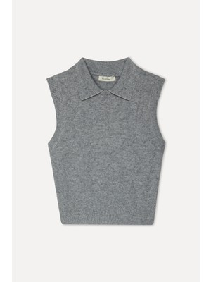 Mudo Kadın Gri Melanj Polo Yaka Kolsuz Crop Kazak