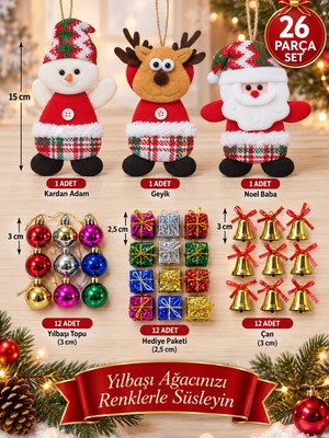Biton Toptan 26 Parça Yılbaşı Ağacı Süs Seti Noel Baba Kardan Adam Geyik Top Çan Hediye Paketi Dekorasyon
