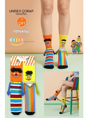 Color Socks 1 Çift Edi Ile Büdü Desenli Tüylü Unisex Çorap (Topuksuz) Mıknatıslı El Ele Tutuşan
