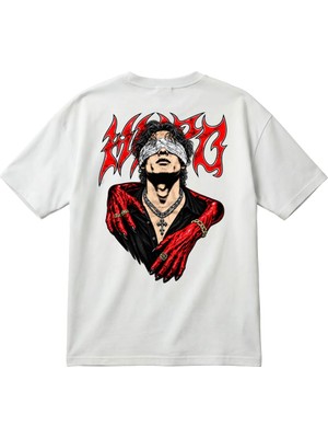 BarsDepo Gotik Kırmızı Siyah Blindfolded Karakter Baskılı Unisex Oversize Tişört