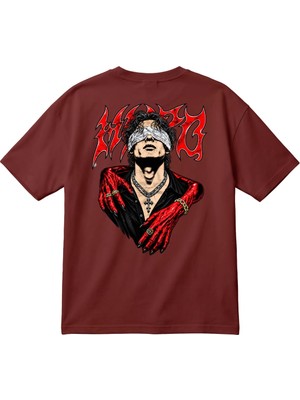 BarsDepo Gotik Kırmızı Siyah Blindfolded Karakter Baskılı Unisex Oversize Tişört