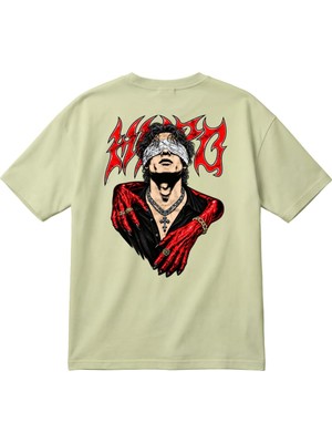 BarsDepo Gotik Kırmızı Siyah Blindfolded Karakter Baskılı Unisex Oversize Tişört