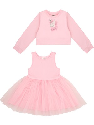 Minycenter Unıcorn Nakışlı Modal Lycra Sweatshırtlü Tütü Elbise 2-3 Yaş-5-6 Yaş Pembe