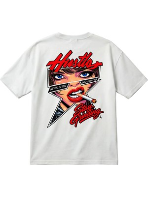 BarsDepo Hustle Never Settle No Limits Baskılı Kadın Oversize Tişört