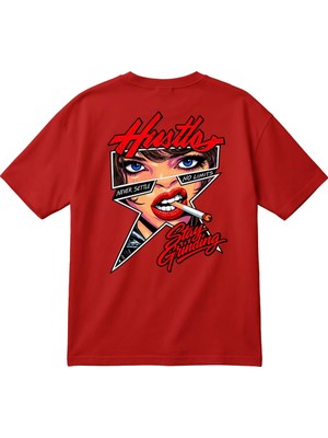 BarsDepo Hustle Never Settle No Limits Baskılı Kadın Oversize Tişört