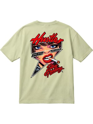 BarsDepo Hustle Never Settle No Limits Baskılı Kadın Oversize Tişört