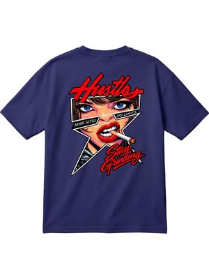 BarsDepo Hustle Never Settle No Limits Baskılı Kadın Oversize Tişört