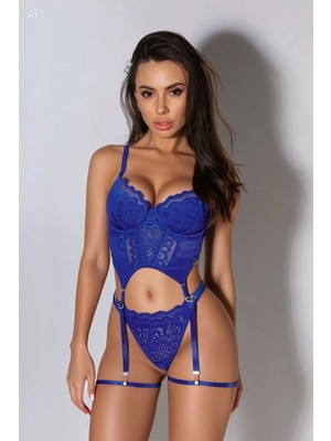 Esranın Dünyası Kadın Saks Dantel Transparan Bodysuit 4’lü Takım Şık Tasarım