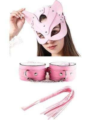 Esranın Dünyası Fantezi Deri Seksi Pembe Kedi Maske Kelepçe Kırbaç Seti ( 3'lü Set)