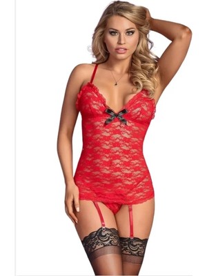 Esranın Dünyası Fantezi Kırmızı Dantelli Seksi Elbise Jartiyer Takımı Düz Jartiyer Çoraplı