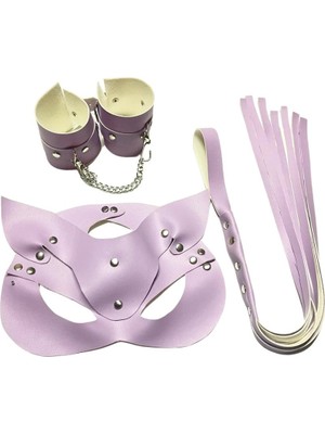 Esranın Dünyası Fantezi Deri Seksi Lila Kedi Maske Kelepçe Kırbaç Seti ( 3’lü Set)