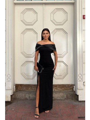 Lior Design Kadın Modern Esnek Saten Kumaş Carmen Yaka Yırtmaçlı Abiye Elbise