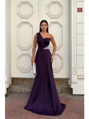 Lior Design Kadın Modern Tasarım Tek Omuz Taş Detaylı Abiye Elbise
