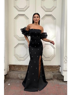 Lior Design Kadın Özgün Tasarım Scuba Esnek Kumaş Straplez Pile Detaylı Abiye Elbise