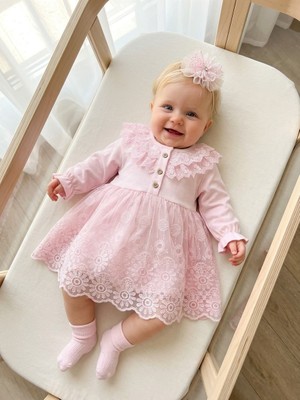 Bebila Baby Kız Bebek Mevlütlük Elbise Bandanalı Dantelli Yenidoğan Hastane Çıkışı Gelinlik % 100 Pamuk Abiye Mevlitlik 4037