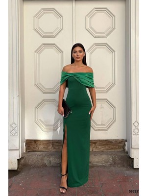 Lior Design Kadın Modern Esnek Saten Kumaş Carmen Yaka Yırtmaçlı Abiye Elbise
