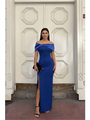 Lior Design Kadın Modern Esnek Saten Kumaş Carmen Yaka Yırtmaçlı Abiye Elbise