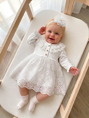 Bebila Baby Kız Bebek Mevlütlük Elbise Bandanalı Dantelli Yenidoğan Hastane Çıkışı Gelinlik % 100 Pamuk Abiye Mevlitlik 4037